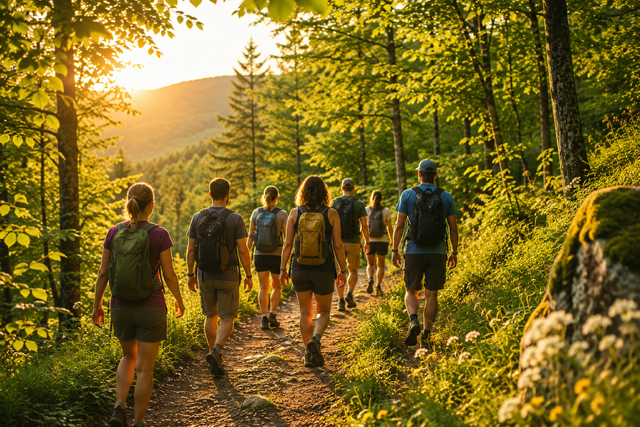 Eine Gruppe von Wanderern geht einen schmalen Pfad durch einen schönen Wald in der Abenddämmerung. Die Sonne scheint durch die Bäume und erzeugt eine warme, einladende Atmosphäre.