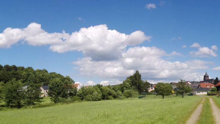 Panoramic view over a green meadow with trees and a village in the background under a blue sky with clouds.