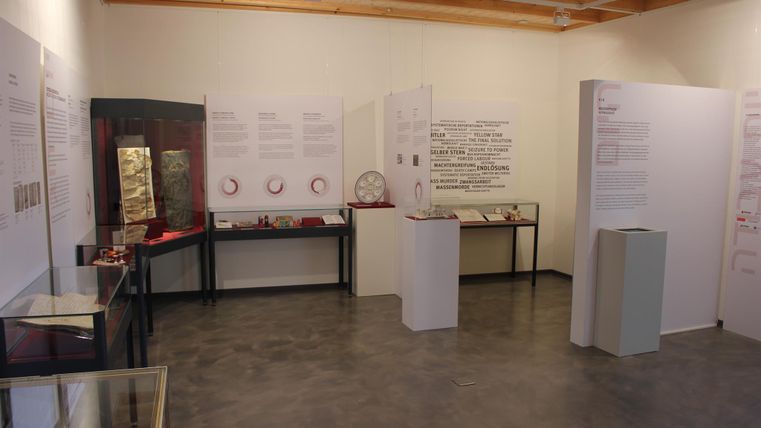 Ein Ausstellungsraum mit verschiedenen Vitrinen und Informationswänden. Die Wände sind mit Texten und Bildern dekoriert, die Exponate präsentieren.