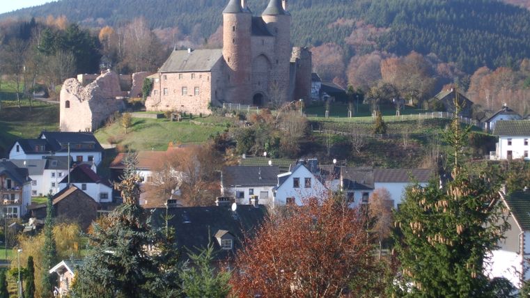 Château situé dans un paysage vallonné avec des maisons environnantes et une forêt en arrière-plan.