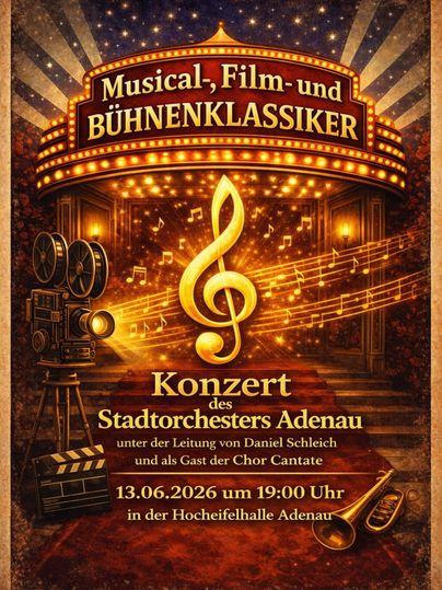 Een poster voor een concert van het Stadsorkest van Adenau. Het toont muzikale elementen zoals noten en filmcamera's en informeert over het evenement op 13 juni 2026.