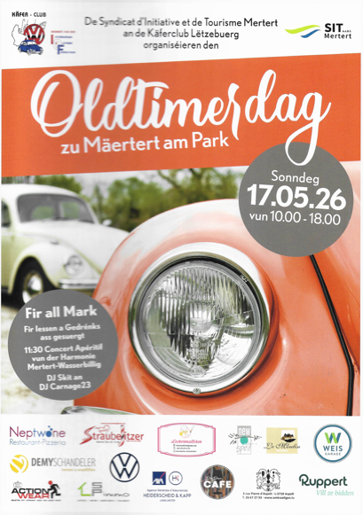 Ein Plakat für den Oldtimertag in Märttert am Park, das einen vintage Auto-Scheinwerfer und stilvolle Oldtimer im Hintergrund zeigt. Der Tag findet am 17. Mai 2026 von 10:00 bis 18:00 Uhr statt.