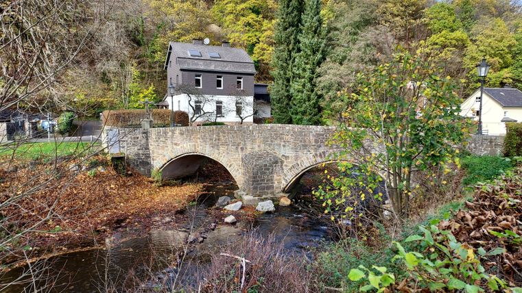 Pont de pierre sur un ruisseau avec une maison en arrière-plan, entourée d'arbres automnaux.