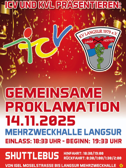 Eine Anzeige für die gemeinsame Proklamation am 14. November 2025. Sie enthält Informationen zur Veranstaltung, einschließlich Eintrittszeiten und Shuttlebusdiensten.