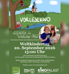 Une affiche colorée pour une projection de contes à l'occasion de la Journée mondiale de l'enfance. Elle montre deux femmes présentant des histoires pour enfants et contient des informations sur la date et l'heure de l'événement.