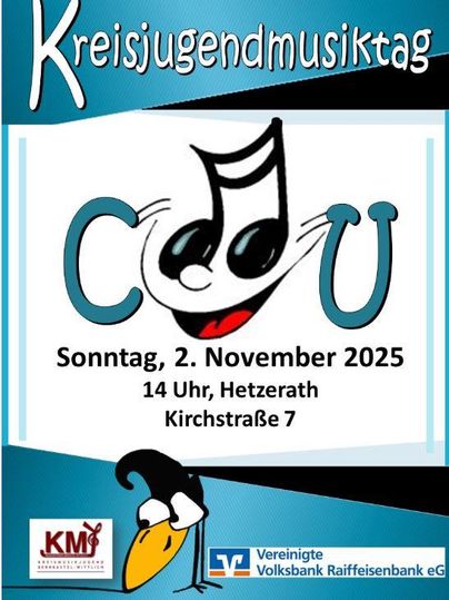 Ein farbenfrohes Plakat für den Kreismusiktag. Es zeigt das Datum, die Uhrzeit und den Ort der Veranstaltung.