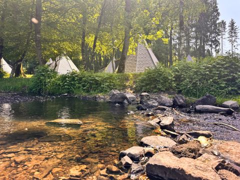 A calm river with clear water and stones in the foreground. In the background, tents and lush trees can be seen.