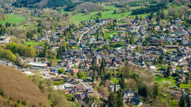 A picturesque view of a small village with many houses and green forests in the surroundings. The gentle hills and the clear landscape convey a calm and idyllic feeling.