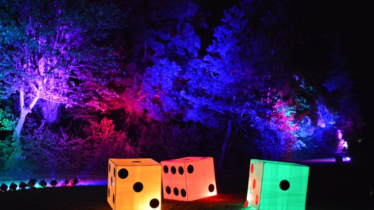 Bunte, leuchtende Würfel in einem dunklen Park mit farbigen Lichtern im Hintergrund. Die Atmosphäre ist festlich und einladend.