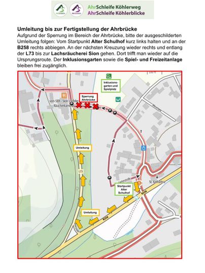 Map with detour for the Köhlerweg and Köhlerblicke due to a bridge closure. The detour route is marked with arrows.