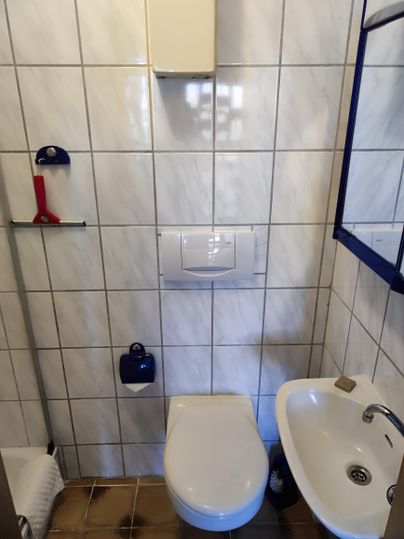 A simple bathroom with white tiles. It contains a toilet, a sink, and some hygiene products.
