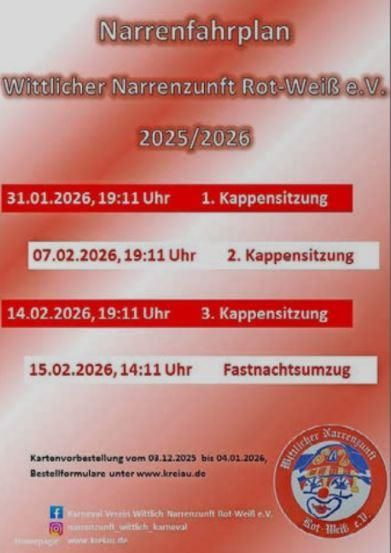 An event plan for the Wittlicher Narreenzunft Rot-Weiß e.V. for 2025/2026. The dates of the Kappensitzungen and the Fastnachtsumzug are listed.