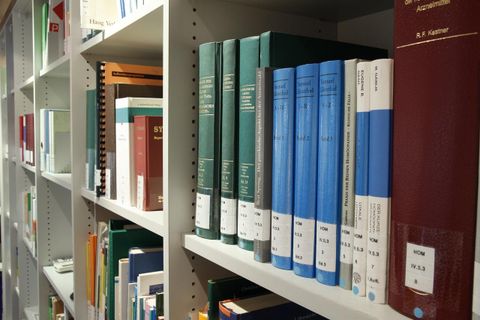 Symbolbild- Ein Bücherregal in weißer Farbe. Darin aufgereiht sind viele Bücher in verschiedenen Größen und Farben.