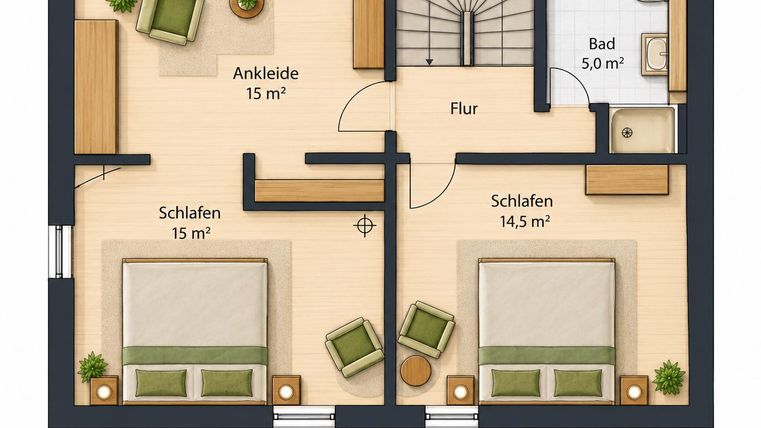 Ein Grundriss für das Obergeschoss eines Hauses. Es zeigt zwei Schlafzimmer, ein Bad und einen Flur.