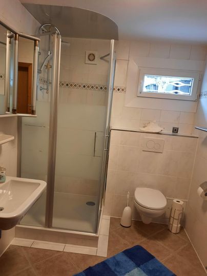 Een moderne badkamer met een douche, een wastafel en een toilet. De muren zijn licht betegeld en er ligt een blauwe vloerbedekking op de grond.