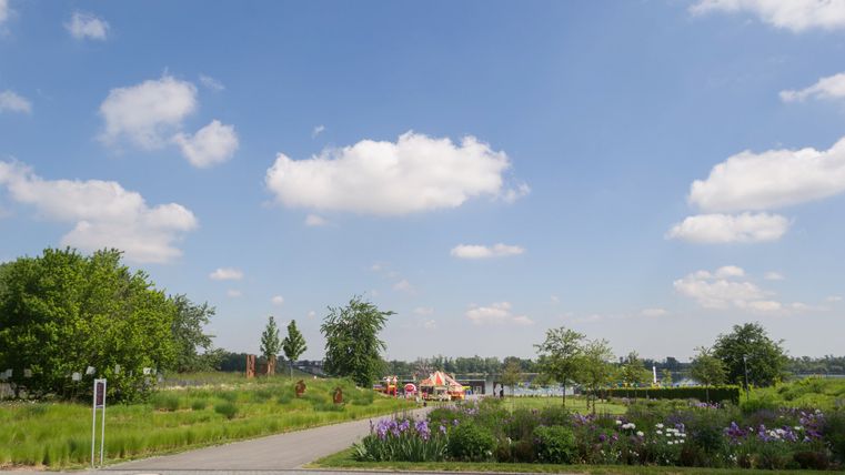 Park landscape in Seepark Zülpich with flowerbeds and a path under a blue sky.