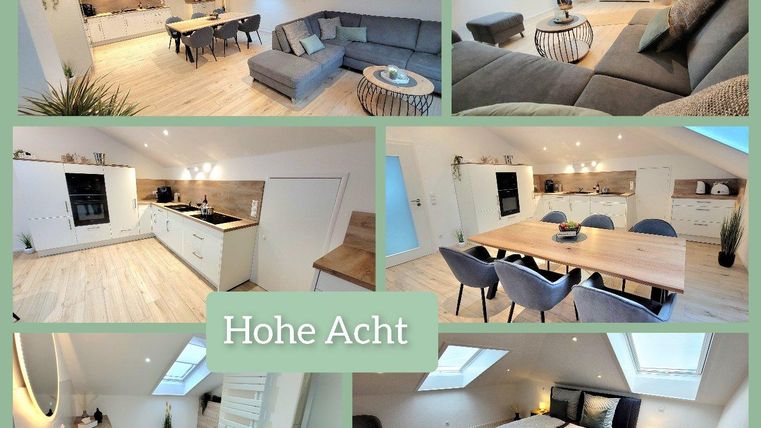 Attic apartment "Hohe Acht" with a large living-dining area, bathroom, two bedrooms, and an outdoor seating area.