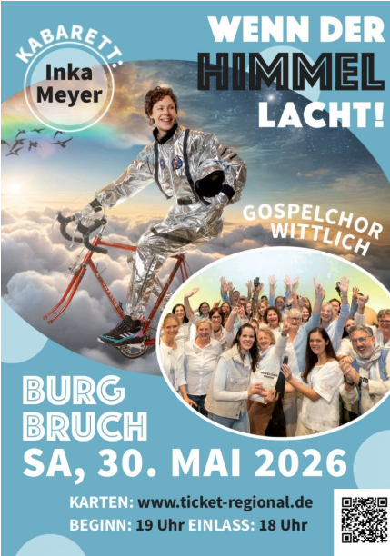 Een vrolijk poster voor een evenement met Inka Meyer, die in een ruimtepak op een fiets zit. Het gospelkoor Wittlich en informatie over het evenement zijn ook inbegrepen.