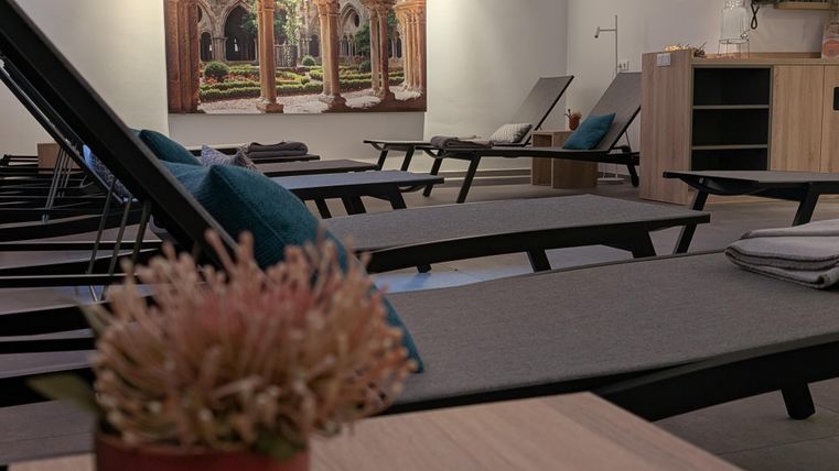 Plusieurs chaises longues sont alignées dans une salle de bien-être.