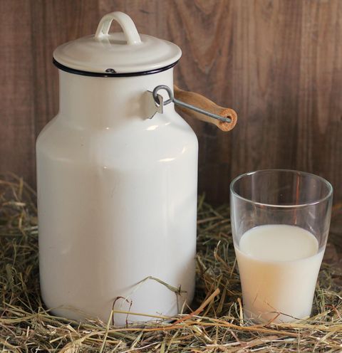 Een witte emaille melkkan met deksel staat samen met een halfvol melkglas op hooi.
Op de achtergrond is een houten muur te zien.