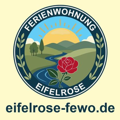 A logo for a vacation rental called Eifelrose. It depicts a landscape with a river, mountains, and a red rose in front of a sunny sky.