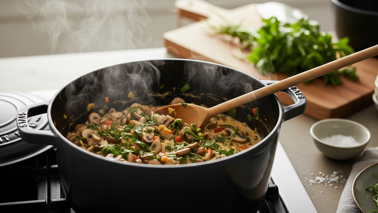 Ein großer Kochtopf mit dampfendem Essen, gefüllt mit Gemüse und Teigwaren. Im Hintergrund sind frische Kräuter und Geschirr zu sehen.