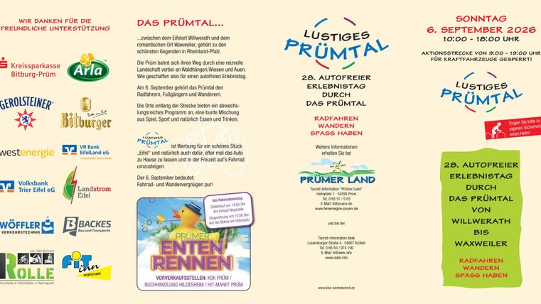 <p>Ein Informationsblatt für die Veranstaltung "Lustiges Prümtal" mit verschiedenen Sponsorenlogos. Das Event findet am 6. September 2026 statt und bietet ein Entenrennen sowie weitere Aktivitäten.</p>