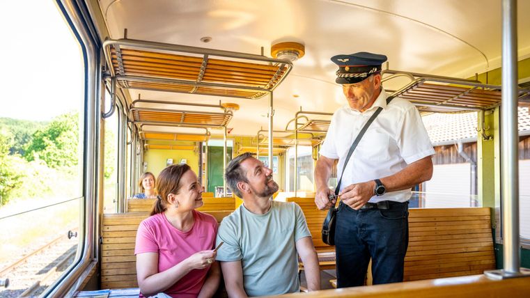 Eine historische Dampflok fährt über eine Brücke mit mehreren Waggons. Umgeben von üppigem Grün und lebhaften Bäumen.