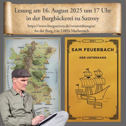 Poster with author Sam Feuerbach with book in hand