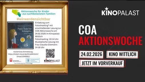 Une affiche pour une semaine d'action au Kinopalast Wittlich, contenant une invitation à une séance photo et une lecture. Il y a des informations sur l'événement et un code QR pour l'inscription.