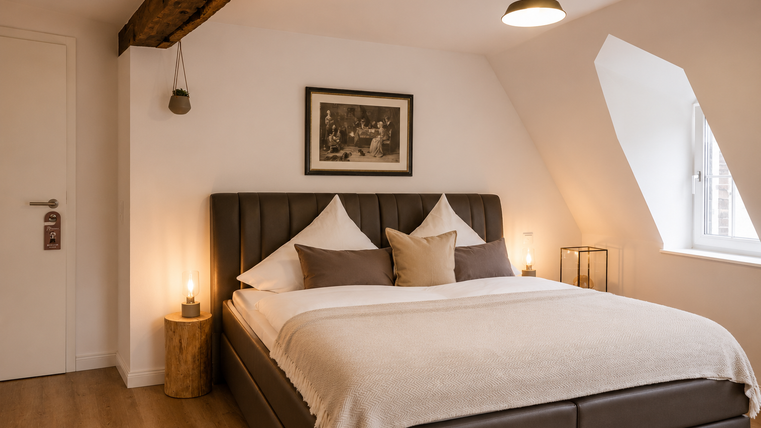 Een gezellige slaapkamer met een groot bed en decoratieve kussens. Warm licht creëert een uitnodigende sfeer.