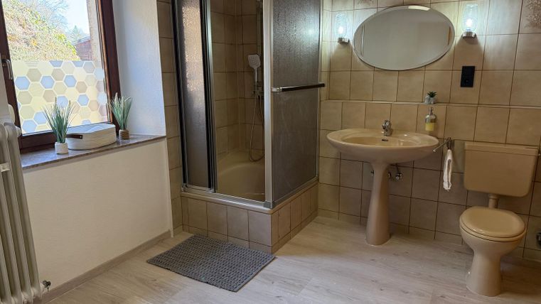 A modern bathroom with a shower, a sink, and a toilet. The walls are tiled and there is a window with plants.