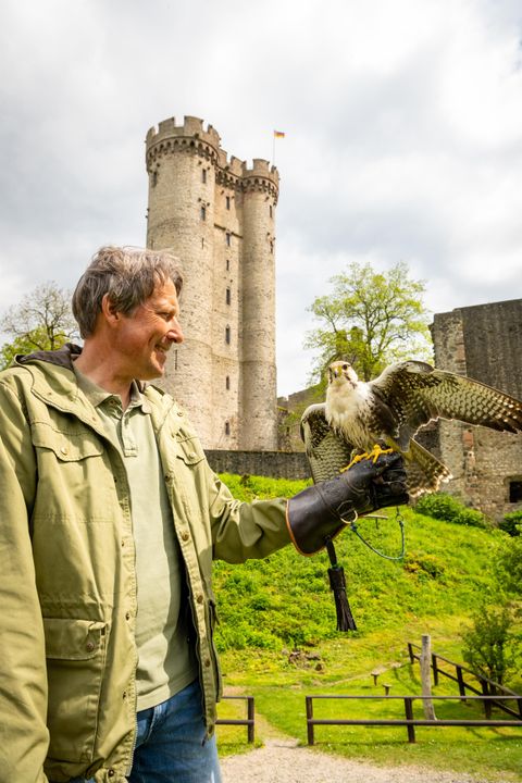 Un homme se tient devant un château et tient un faucon sur son gant. Le château a deux tours et est entouré d'un paysage verdoyant.