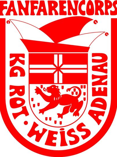 Een wapen van het fanfarekorps met rode en witte kleuren. Het toont een leeuw en een gestileerde hoed.