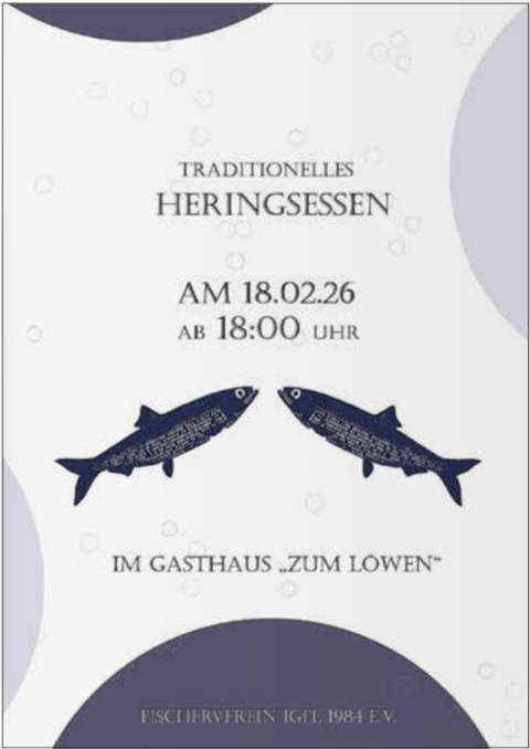 Ein plakatartiges Design für das traditionelle Heringsessen. Das Event findet am 18. Februar 2026 im Gasthaus "Zum Löwen" statt.