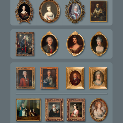 Eine Sammlung von klassischen Porträts in eleganten Rahmen. Die Bilder zeigen verschiedene Personen aus der Vergangenheit, die in detailreicher Malerei dargestellt sind.