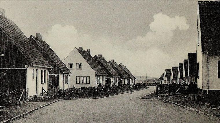 A quiet street with simple, uniform houses. The sky is overcast and the surroundings seem peaceful.