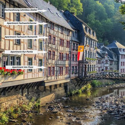 A picturesque view of historic half-timbered houses along a river. The signage displays various apartments on the building facade.