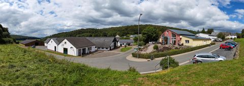 A tranquil rural scene with buildings, surrounded by green meadows. The sky is cloudy and the surroundings feel peaceful.