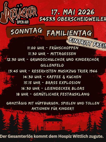 Ein Plakat für ein Open-Air-Festival mit verschiedenen Veranstaltungen. Es zeigt die Programmpunkte für einen Familientag am 17. Mai 2026 in Oberscheidweiler.