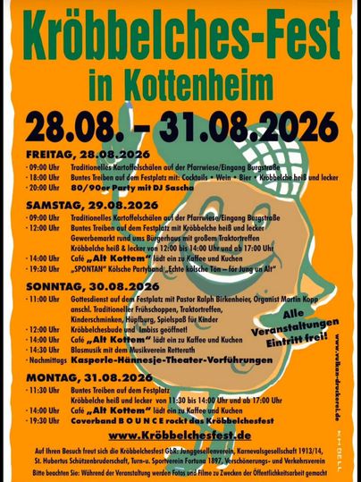 Ein buntes Plakat für das Kröbbelches-Fest in Kottenheim, das vom 30. August bis 2. September 2024 stattfindet. Es listet die verschiedenen Veranstaltungen und Programme für jeden Tag auf.