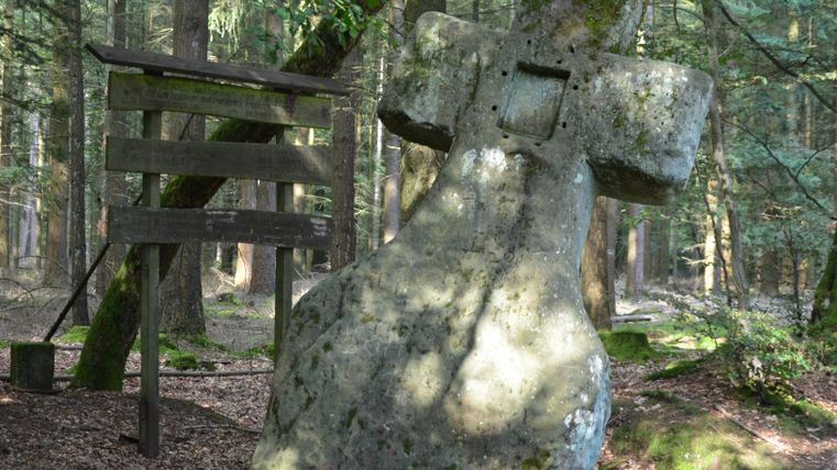 Groot, met mos bedekt stenen kruis in het bos naast een houten wegwijzer.