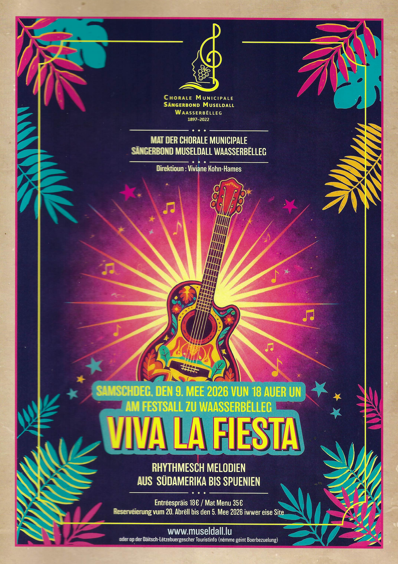 Ein farbenfrohes Plakat für das Event "Viva la Fiesta". Es zeigt eine Gitarre mit musikalischen Elementen und tropischen Blättern.
