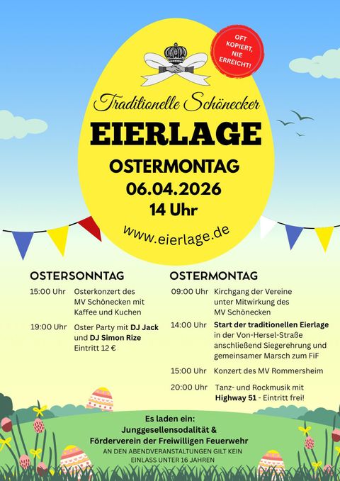 Een kleurrijk poster voor de traditionele eierenleg op Paasmaandag. Het bevat informatie over evenementen, tijden en activiteiten voor de viering.