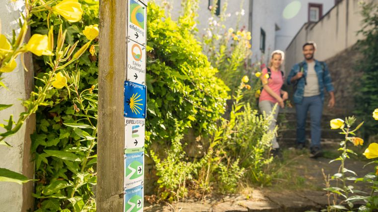 Een wegwijzer met verschillende wandelroutes in Blankenheim, omgeven door gele bloemen. Twee mensen wandelen op de achtergrond.