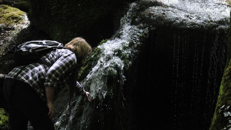 Een persoon met een rugzak buigt zich over een kleine waterval in het bos.