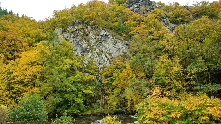 Herfstlandschap met rotsen en rivier in het Rurdal bij Widdau.