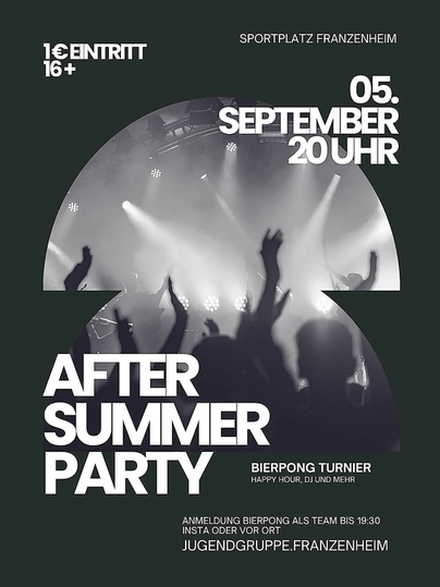 Ein Plakat für die After Summer Party am 5. September um 20 Uhr. Es zeigt ein Bierpong-Turnier, Happy Hour und verschiedene Aktivitäten.