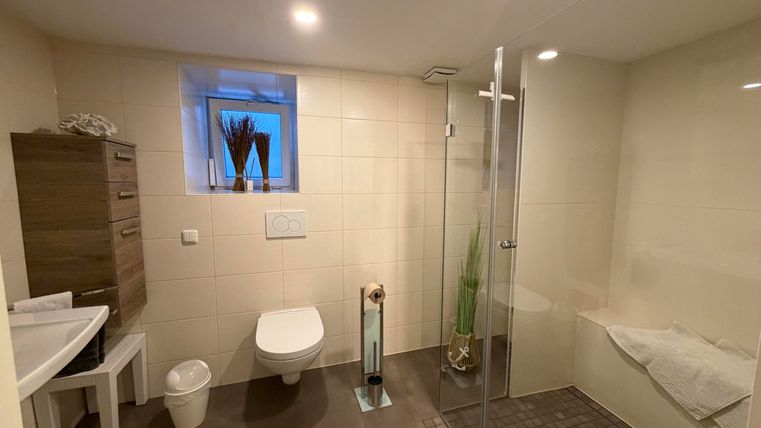 Een moderne badkamer met een douchecabine en een hangend toilet. De muren zijn licht betegeld, en er is een grote vensteropening voor daglicht.