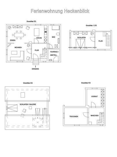 Een overzicht van plattegronden voor een vakantiehuis genaamd "Hockenblick". De plannen tonen verschillende kamers en hun indeling.